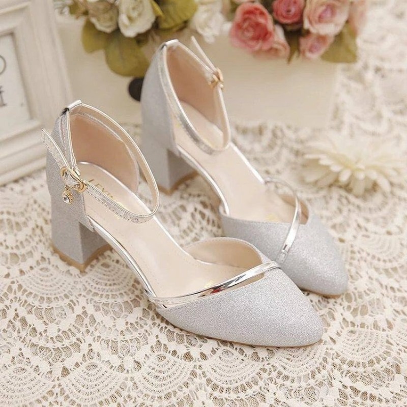 Dress Shoe Pointed - Damskie brokatowe czółenka na masywnym obcasie